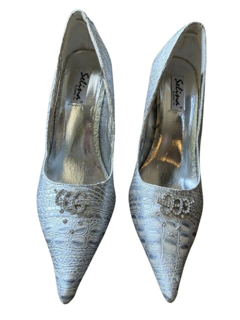 Selina Silver Croc Embossed Pointed Toe Pumps Rhinestone Accent Women's Size 10